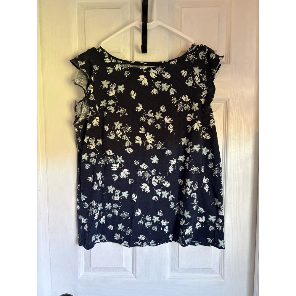 Loft Size Large Vintage Soft Top 100% Cotton Ruffle Sleeve Floral White Navy